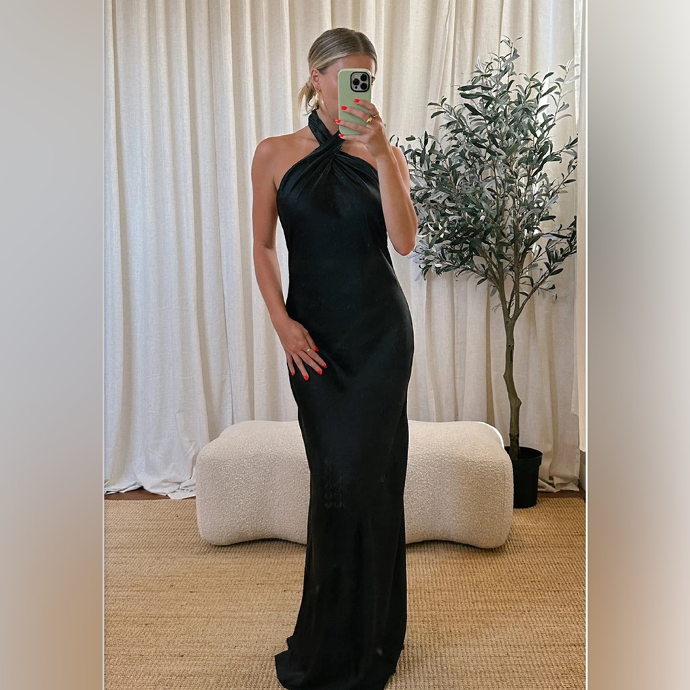 Jasmine Halter Maxi Dress ~ Black Luxe Satin